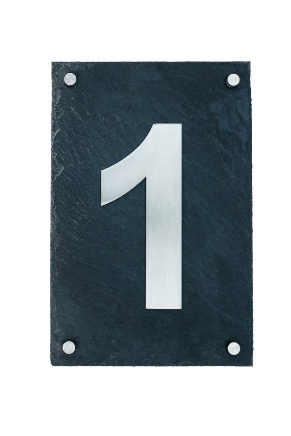 Hausnummer -1-  aus gebürstetem Edelstahl auf Schieferplatte
