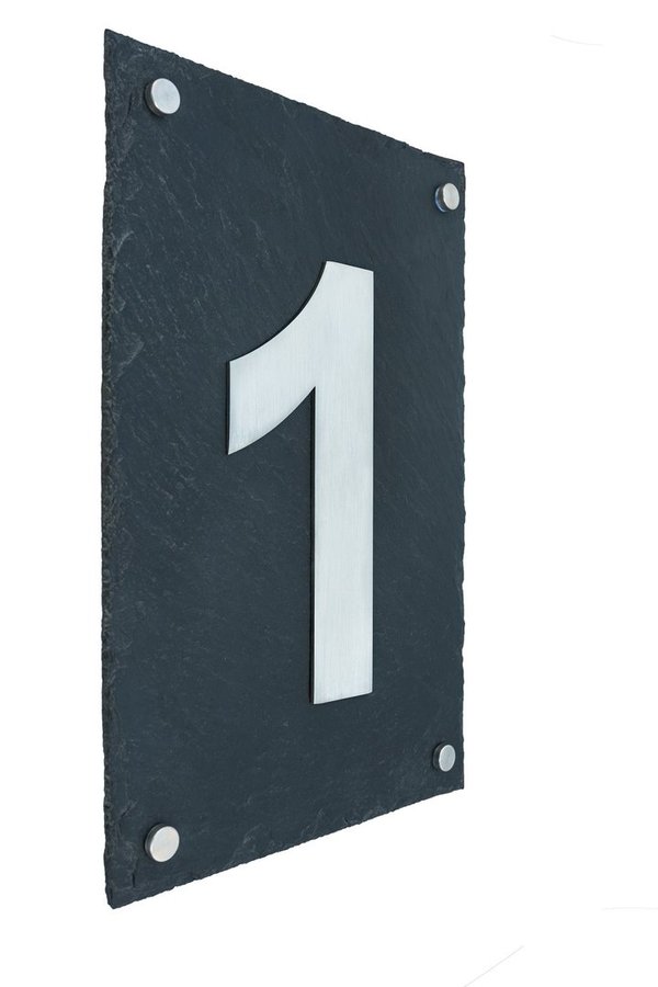 Hausnummer -1-  aus gebürstetem Edelstahl auf Schieferplatte