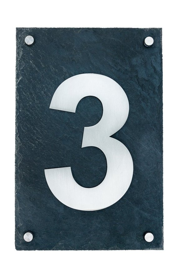 Hausnummer -3-  aus gebürstetem Edelstahl auf Schieferplatte