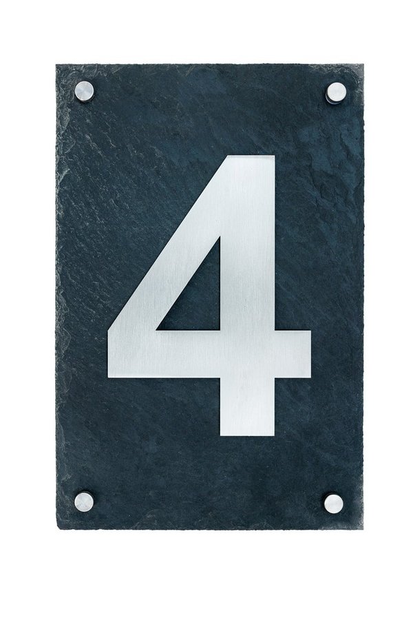 Hausnummer -4-  aus gebürstetem Edelstahl auf Schieferplatte