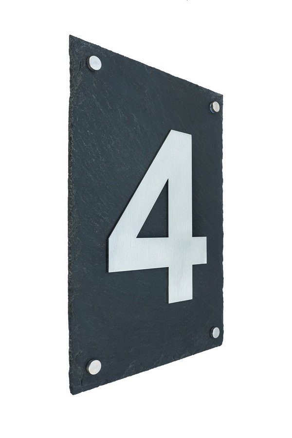 Hausnummer -4-  aus gebürstetem Edelstahl auf Schieferplatte