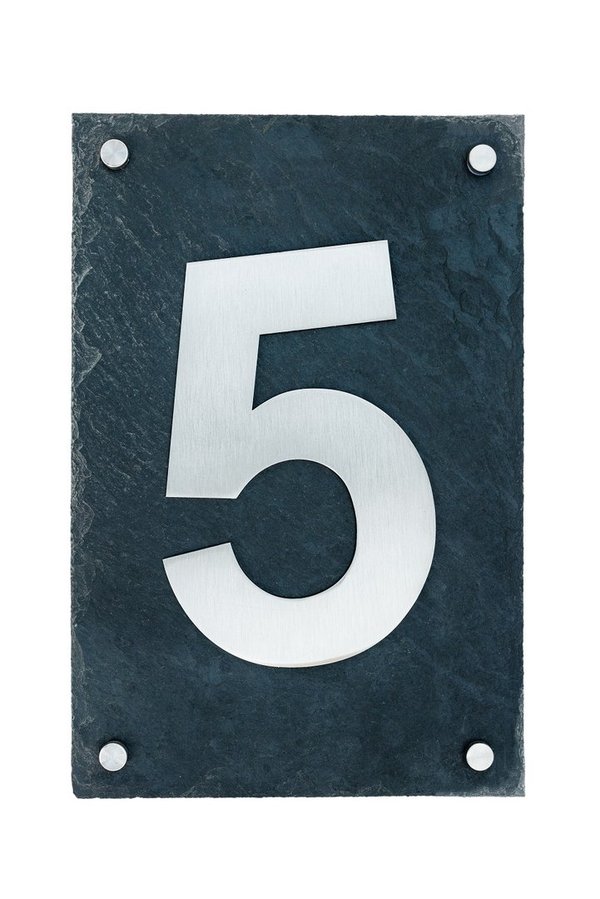 Hausnummer -5-  aus gebürstetem Edelstahl auf Schieferplatte