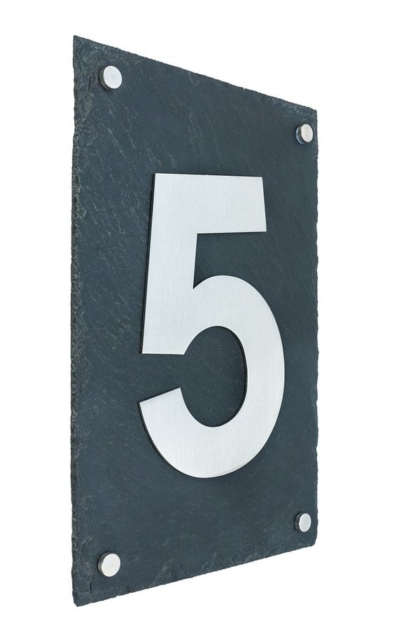Hausnummer -5-  aus gebürstetem Edelstahl auf Schieferplatte