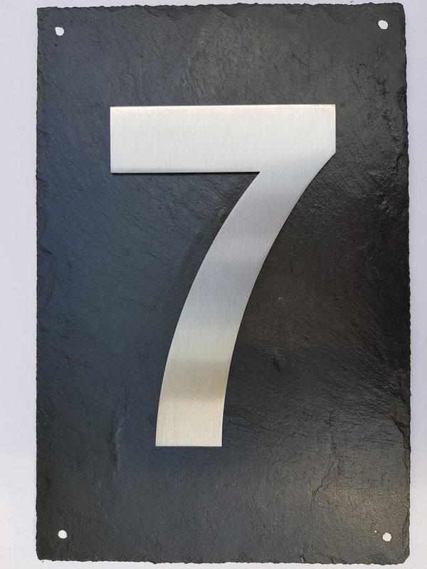 Hausnummer -7-  aus gebürstetem Edelstahl auf Schieferplatte -Individualisierbar-